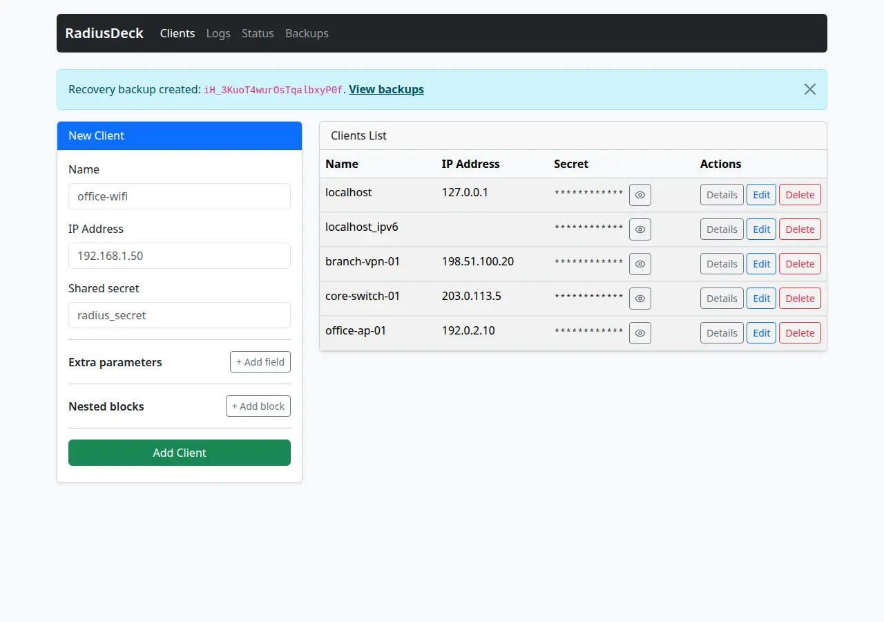 Clients list with office-ap-01 added and the message Recovery backup created