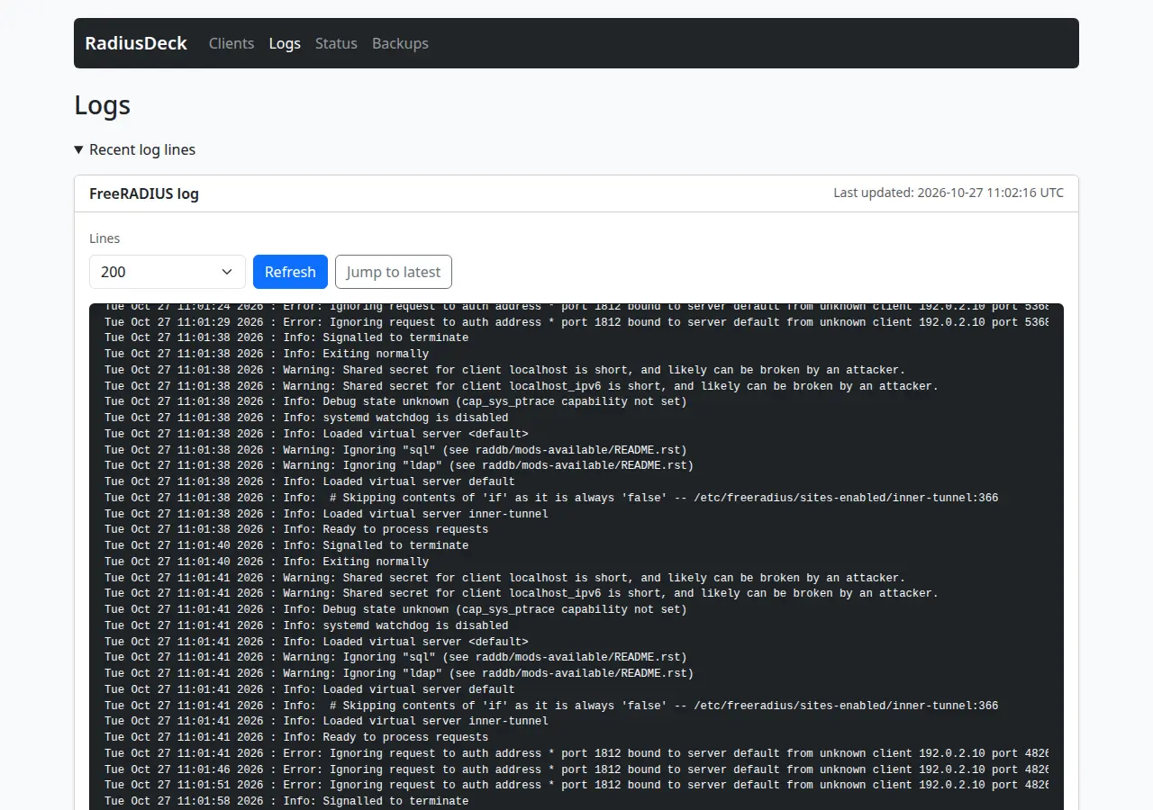Logs page with FreeRADIUS lines Ignoring request from unknown client 192.0.2.10