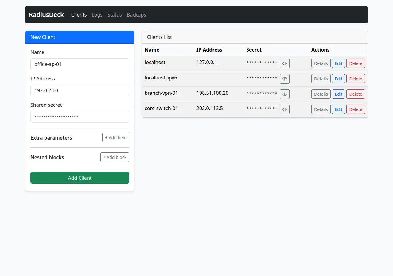 RadiusDeck New Client form with name office-ap-01, IP address 192.0.2.10 and a masked shared secret