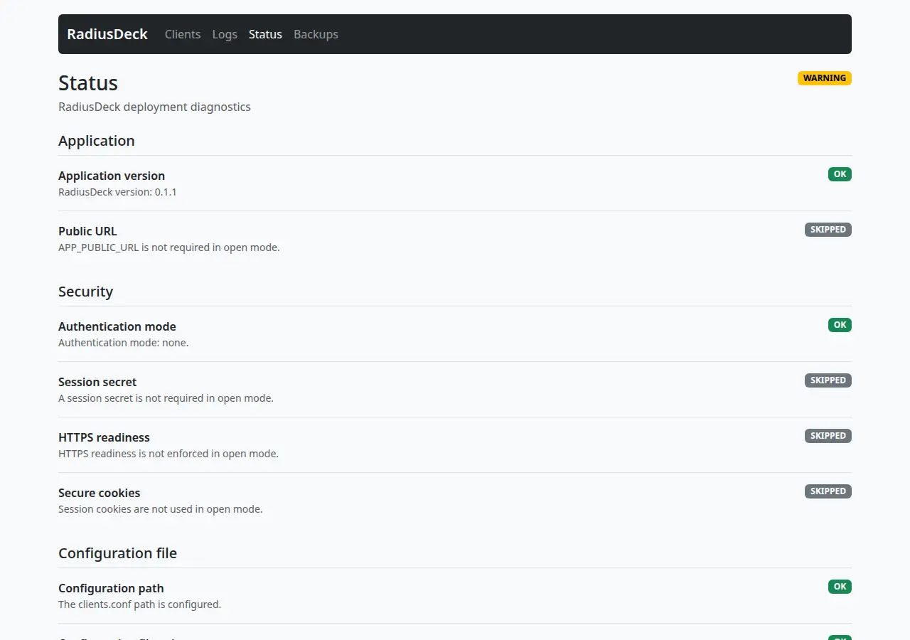 RadiusDeck Status page with application, security and configuration file checks